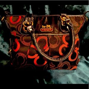 Coach Black Tote with Red Signature Circle Pattern